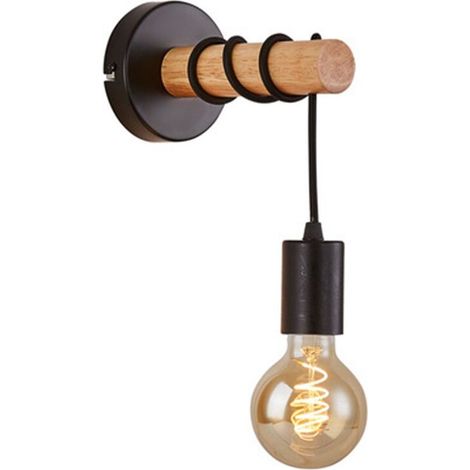 SABIR applique murale, design rétro industriel, bois & métal, éclairage salon & chambre, douille E27, pour ampoule LED 10W max, noir (1/5)