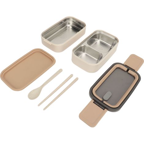 Doppellagige Lunchbox, faltbare Bento-Box mit Küchenutensilien, Edelstahl, 1400 ml, Farbe Khaki 304 (1/5)
