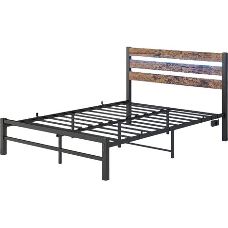 Cadre de lit 120x200cm avec tête de lit, cadre de lit en métal avec station de charge USB, cadre de lit LED, support en lattes d'acier robustes, rangement sous le lit, sans sommier requis, silencieux, (1/5)