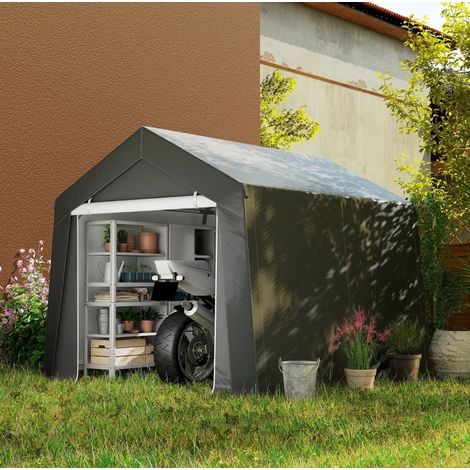 Abri de jardin 302x300x235 cm gris foncé en acier galvanisé avec porte à fermeture éclair et fenêtre d’aération (1/4)