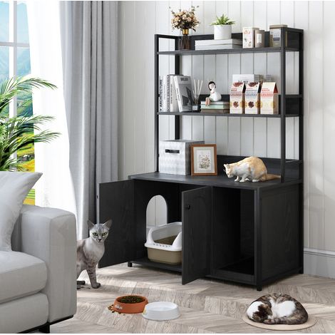 Mueble arenero para gatos, armario de almacenamiento de 3 niveles, 2 puertas, MDF y metal, negro (1/5)