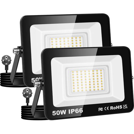 2 Pack Projecteur d'extérieur 50W,Sécurité projecteur 5000lm avec prise 230V,IP66 étanchéité lampe de travail extérieure, 4000K éclairage extérieur blanc chaudpour cour patio parking jardin (1/5)