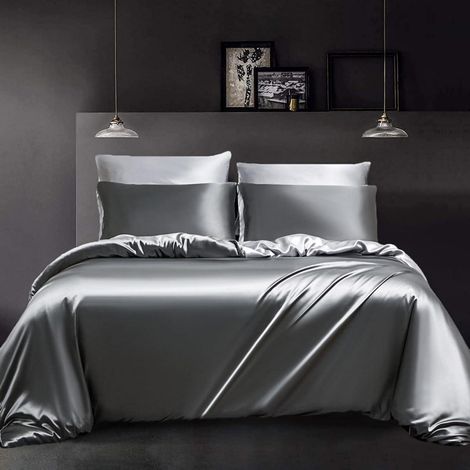 Bettwäsche-Set 155x220 cm Dunkelgrau Hellgrau Wendebettwäsche Mikrofaser-Satin mit Reißverschluss