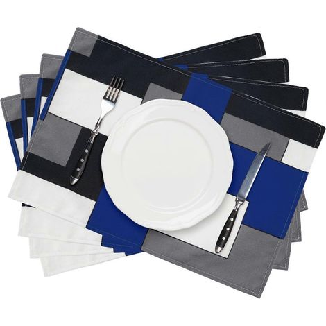 Ensemble de 4 sets de table carrés géométriques bleus, gris, noirs et blancs, imperméables et lavables en toile de jute, parfaits pour la décoration de la cuisine (B) (1/4)