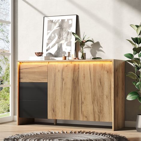 Buffet Sideboard Moderne avec Éclairage LED - 120 x 40 x 76 cm - Commode de Salon et Cuisine - Naturel et Noir (1/5)