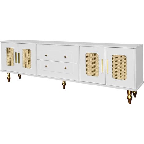 ELVMI TV-Schrank mit 4 PVC-Rattantüren und 2 Push-to-Open-Schubladen für Wohnzimmer aus Spanplatte Weiß 175 × 38 × 55.5 cm (1/5)