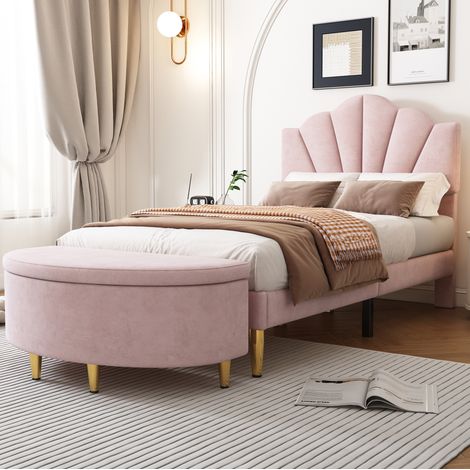 Cama 90x200 cm rosa de terciopelo con cabecero regulable, para una plaza, sin colchón – MEUBLIV (1/5)