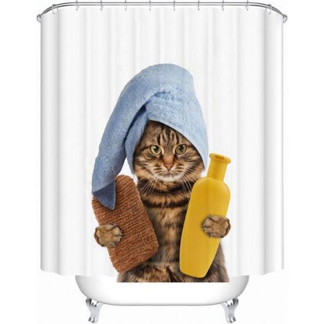 1 Pcs 180180cm Rideau de douche motif chat mignon, pour Salle De Bain, Tissu Polyester Imperméable, avec Crochets-MCJ (1/4)
