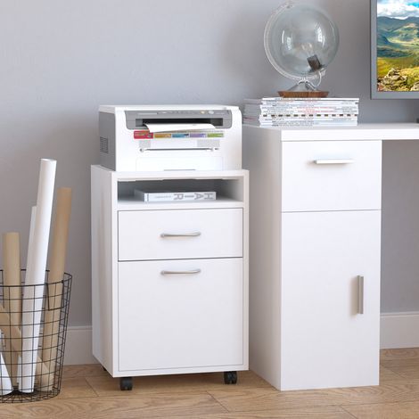HOMCOM Caisson de bureau rangement sur roulettes, tiroir placard et niche, panneaux de particules, blanc (1/5)