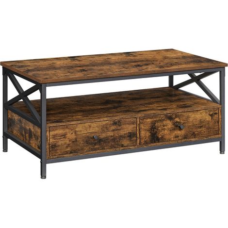 Tavolino da caffè tavolo da soggiorno credenza bassa con 2 cassetti e un vano aperto struttura in acciaio a forma di X 100 x 55 x 45 cm stile industriale marrone 120007485
