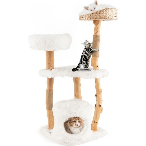 COSTWAY 124cm Árbol de Madera Maciza para Gatos, Torre para Gatos con Postes de Sisal, Condominio, Plataformas, Centro de Actividades de Múltiples Niveles para Gatos
