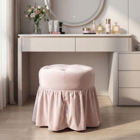 Wahson Tabouret de Coiffeuse à roulettes Tabouret Rond en Velours Siège de Coiffeuse avec Jupe à Volants, Pouf à Boutons pour Chambre/Salon/Institut de Beauté, Rose