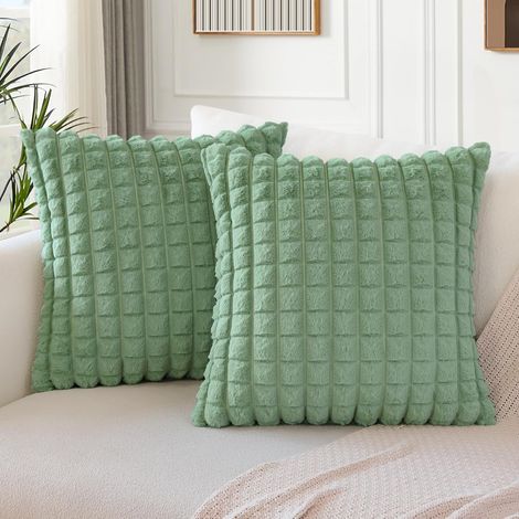 Set di 2 federe decorative in velluto - Morbida pelliccia sintetica - Trama scozzese - Per divano, camera da letto - 60 x 60 cm - Verde (1/5)