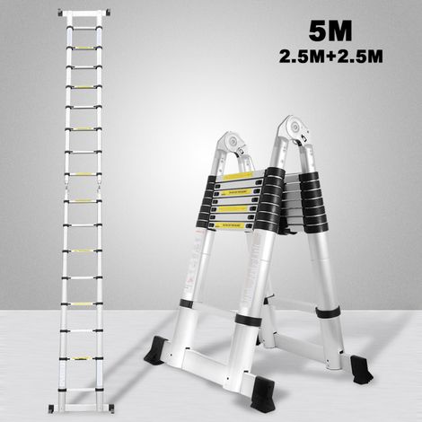 SWANEW Scala telescopica Alu Argento Scala pieghevole 2.5M+2.5M A Scala a telaio con barra di sostegno Scala in alluminio Estensibile Scala scorrevole Antiscivolante Scala multiuso Carico fino a 150 k (1/5)
