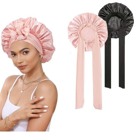 Nachthaube aus Seide und Satin, 2er-Set mit elastischen Haarpflegebändern (1/5)