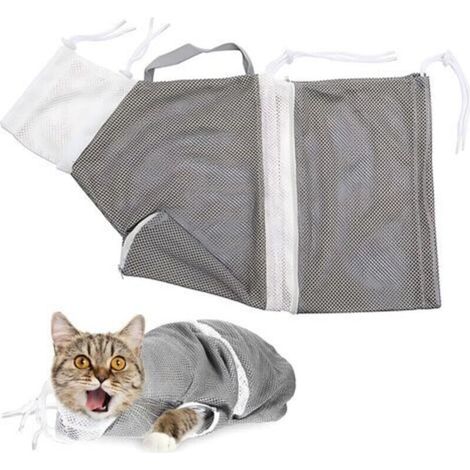 Filet de bain pour chat, lot de 1, souple et réglable, pour le bain et la coupe des griffes, gris et blanc