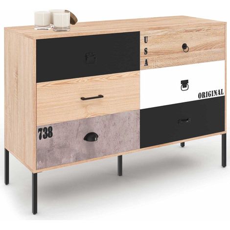 Idmarket – Commode enfant 6 tiroirs 115 cm – Structure effet bois et pieds métal – Dimensions : L. 115 x l. 40 x H. 80 cm – Design industriel dépareillé (1/5)