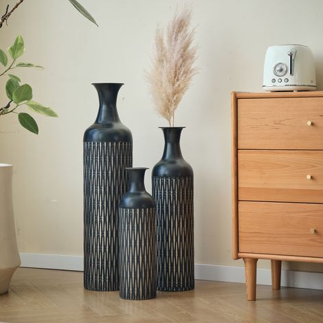 Lot de 3 vases de sol en métal avec motif cannelé vertical, empilables pour rangement gain de place, hauts vases décoratifs pour fleurs séchées et pampa, déco salon entrée hôtel, non étanche (1/5)