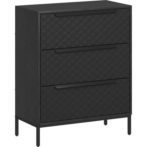 Modern Black Chest of Drawers with 3 Fabric Storage Bins and Stylish Aluminum Handles for Organized Living Spaces