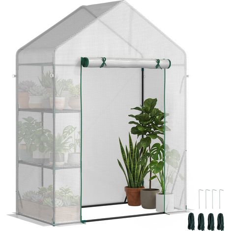Serra da Giardino in PE e Acciaio per Esterni con 2 Scaffali e Porta Avvolgibile, 143x73x195 cm, Bianco