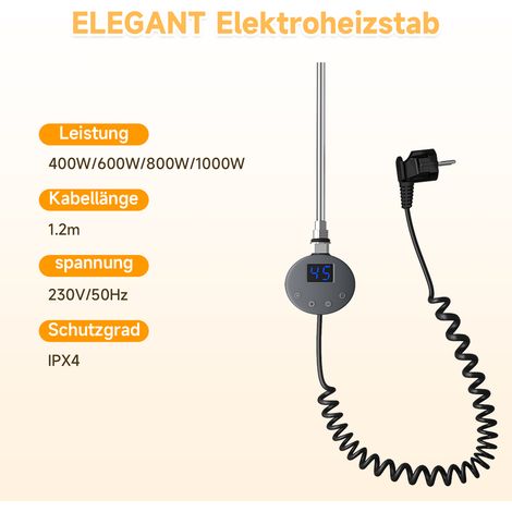 SONNI Heizstab mit Thermostat und LCD Display Heizung, Edelstahl Heizelement für Badezimmerheizung, 800W Anthrazit
