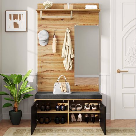 Mueble de entrada con zapatero, espejo y asiento acolchado, negro y madera DESVIAE (1/5)