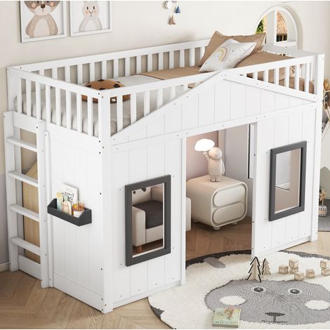 Letto a Soppalco 90x200 cm con Scala Dritta Bianca e Grigia (1/5)