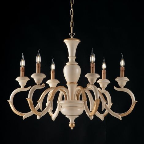 Araña de luces de madera de marfil y pan de oro de seis luces 91x h65 cm
