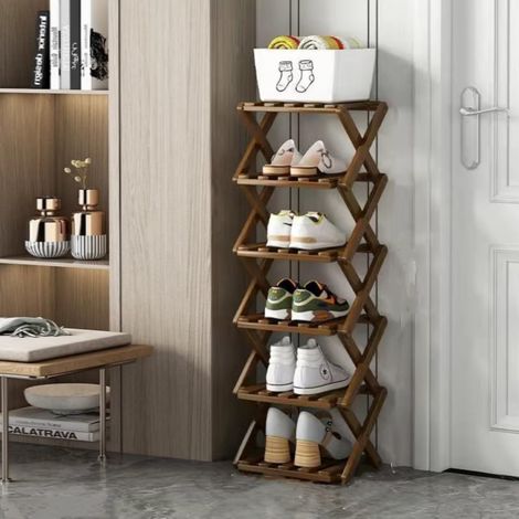 Porte chaussures en bambou pliable multifonctionnel de couleur thé 6 couches sans installation, économisant de l'espace pour la maison et l'intérieur (1/4)
