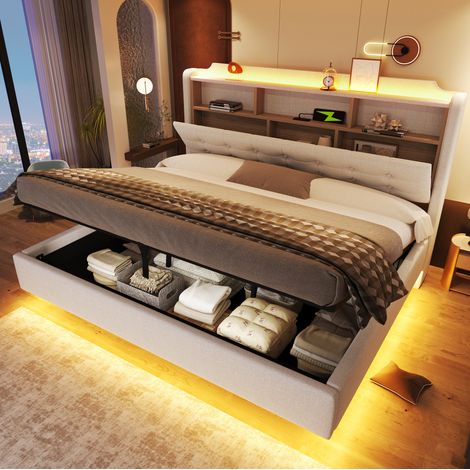 Bettgestell 180x200 cm Beige in Leinen und MDF mit LED-Lichtleiste, hydraulischem Stauraum und USB-/Typ-C-Anschlüssen (1/5)