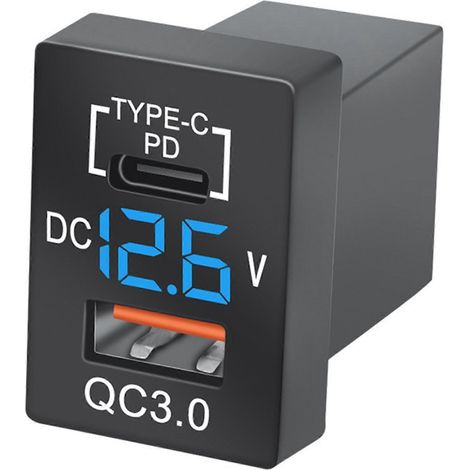 QC3.0 USB-Autoladegerät mit PD-Typ-C-Stecker und blauem LED-Digitalvoltmeter für Toyota-Schnellladung (blaue Spannung)