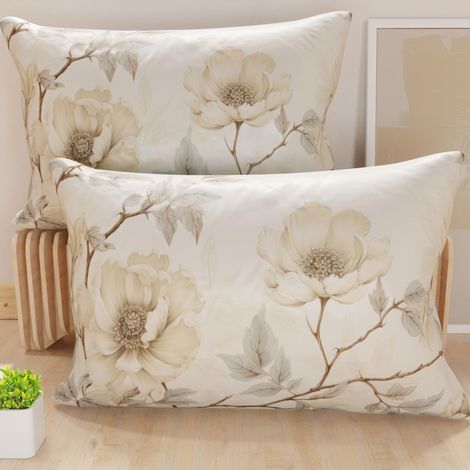Lot de 2 Taies d'Oreillers 50x70 cm 100% Microfibre Hypoallergénique, Housse Oreiller Rectangulaire Motif Floral Beige, Paquet de 2