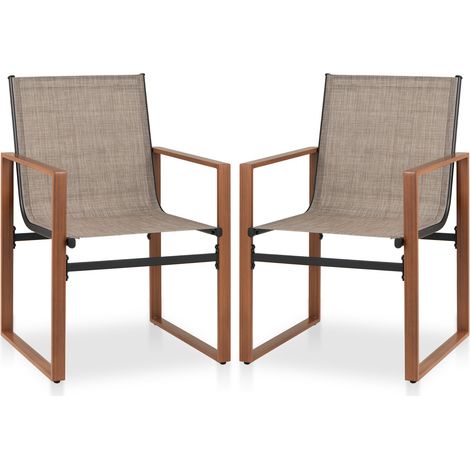 Lot de 2 chaises marron en métal avec assise et dossier respirants, accoudoirs et pieds réglables pour jardin, terrasse et intérieur (1/5)