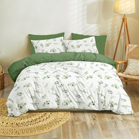 Housse de Couette 155x220 cm avec 2 Taies d'oreiller 80x80 cm, Motif Botanique Vert Sauge, Parure de Lit en Microfibre 155x220 Motif à Feuilles, Linge de Lit avec Fermeture Éclair, Oeko TEX (1/5)