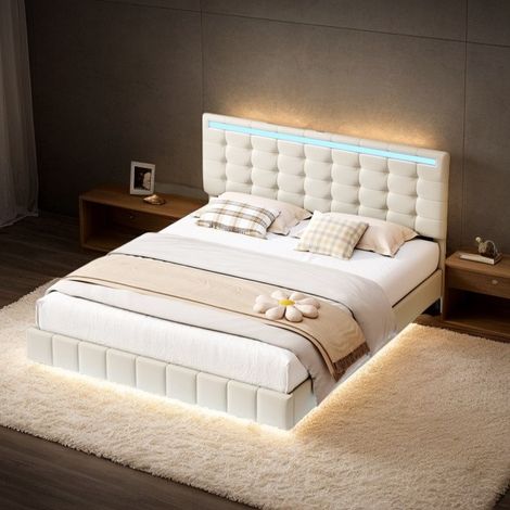 Lit double 140x200cm – Lin beige – Sommier à lattes – Tête de lit design – Éclairage LED (1/5)