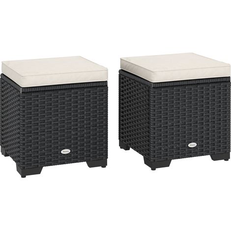 Outsunny Set of 2 Rattan Storage Ottoman, Outdoor Footstool with Removable Cushions, Garden Storage Seat for Balcony, Porch, Living Room, Cream