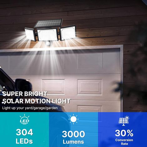 [Set di 2] Potenti luci solari per esterni - Faretto solare per esterni a 304 LED con sensore di movimento, illuminazione grandangolare a 320°, lampada da parete solare per esterni IP65 (1/4)