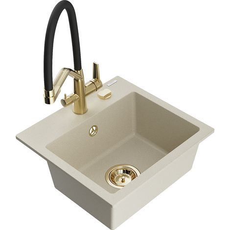 Mexen Milo évier en granit 1 bac avec mitigeur cuisine Duo, beige - 6505-69-671701-57-G (1/5)