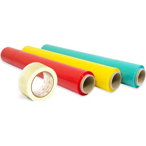Lot de 3 films d'emballage de couleurs + ruban adhésif transparent, rouleau élastique 50 cm extensible jusqu'à 300 m, protecteur pour déménagement (rouge, jaune et vert + ruban transparent) (1/5)