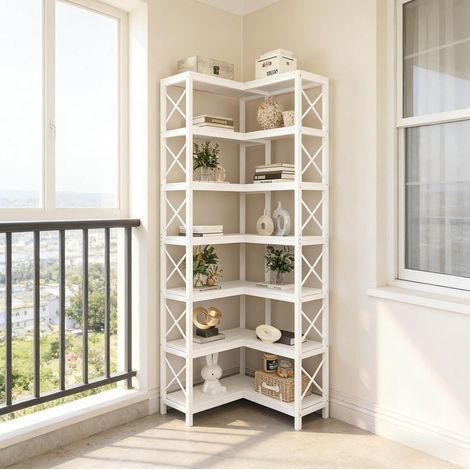 Scaffale angolare a 7 ripiani, 14 vani aperti, design industriale con struttura a X, metallo e legno bianco (1/5)