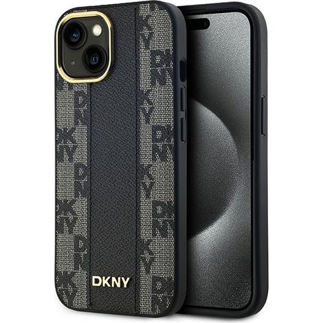 Custodia per iPhone 15 dkny in pelle con motivo a quadri monocromatico e MagSafe (1/5)