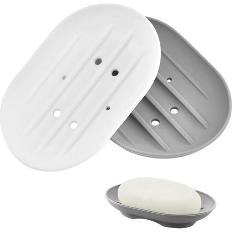 2 PCS Porte Savon en Silicone 11.5x8x2cm Gris et Blanc Avec Trou Inférieur pour Douche, Rasoir, Pince à Cheveux, Boucle d'Oreille (1/4)