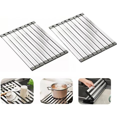 XÉgouttoir Vaisselle Modulable - Pliable et Télescopique Accessoire Organisation Cuisine 2 40x32 5cm Acier Inox (1/5)