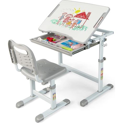 COSTWAY Set Escritorio y Silla para Niños, Set Mesa con Altura Regulable para Niños y Superficie Inclinable, Cajón Extraíble, Gancho de Metal, Set de Escritorio y Silla para Niños y Niñas (Gris) (1/5)