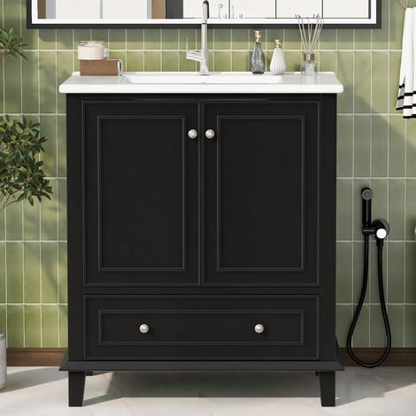 Meuble vasque salle de bain blanc 76x46x87 cm, pieds bois massif, corps MDF imperméable, grand rangement, lavabo céramique intégré, nettoyage facile, noir (1/5)