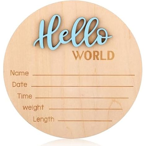 Pancarte d'annonce de naissance en bois 15 cm, « Hello World » – prénom bébé garçon/fille, déco shower, accessoire photo, chambre d'hôpital (bleu) (1/5)