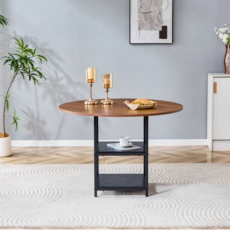 Mesa de comedor redonda 107 cm negro y nogal en MDF y metal con doble estante (1/5)