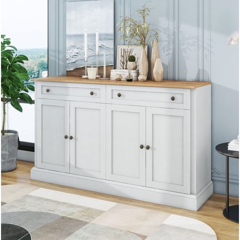Buffet de rangement 4 portes 2 tiroirs 150 x 40 x 86 cm, blanc et bois naturel HAVRYA (1/5)