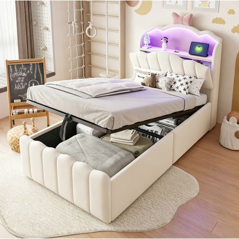 Cama infantil 90 x 200 cm con arcón hidráulico, cabecero LED y puertos USB/USB-C Beige DESVIAE (1/5)