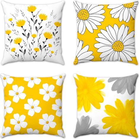 CCYKXA Set of 4 Outdoor Throw Pillow Covers, Yellow Mustard Flower Daisy Garden Cushion Home Decor for Sofa Living Room Outdoor, Gray Floral Pattern, 18 x 18 Inch, 45 x 45 cm (1/5)